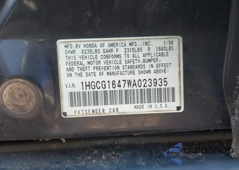 1998 Honda Accord Lx z USA, uszkodzony, nr VIN 1HGCG1647WA023935